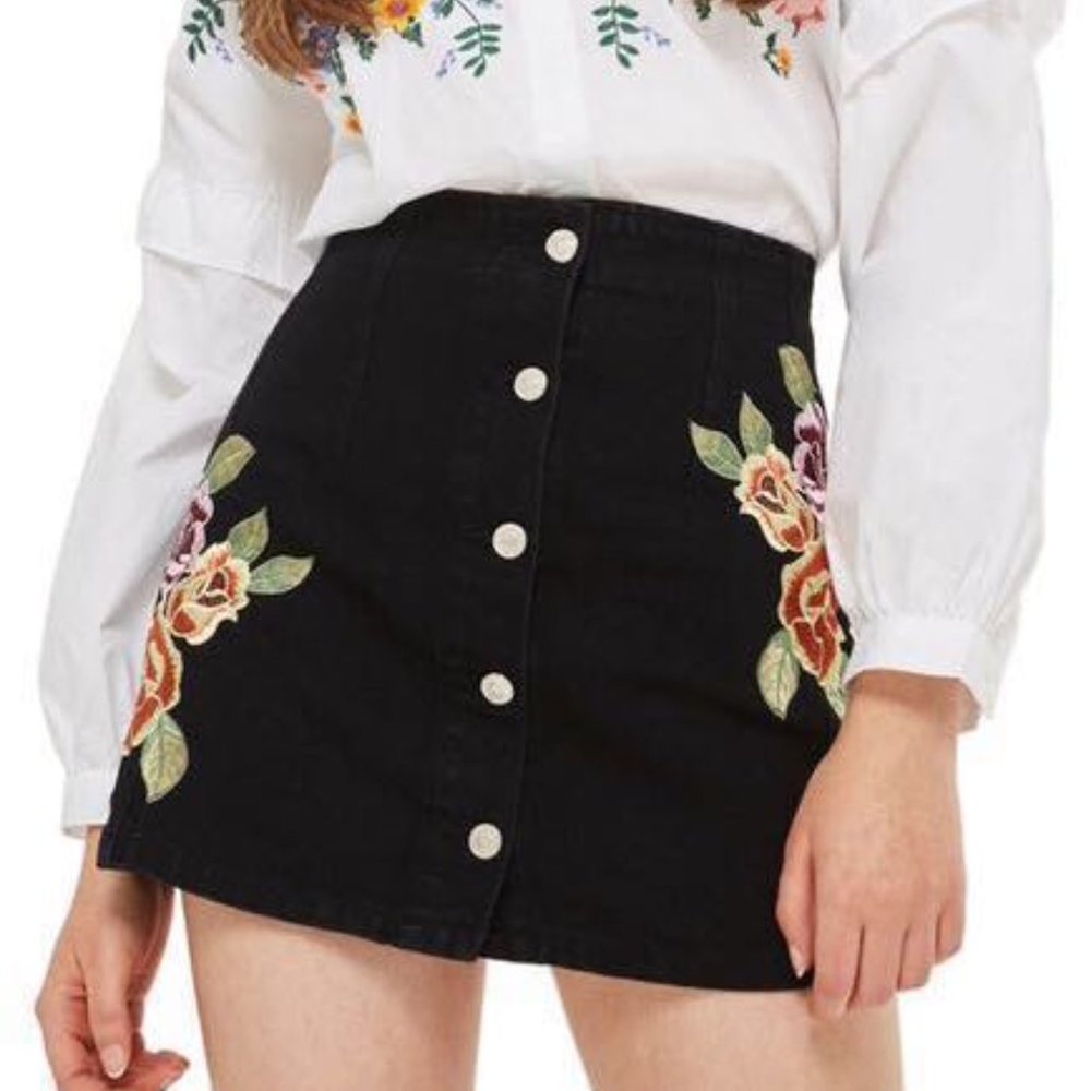 Topshop Black Denim Mini Skirt with Floral Details